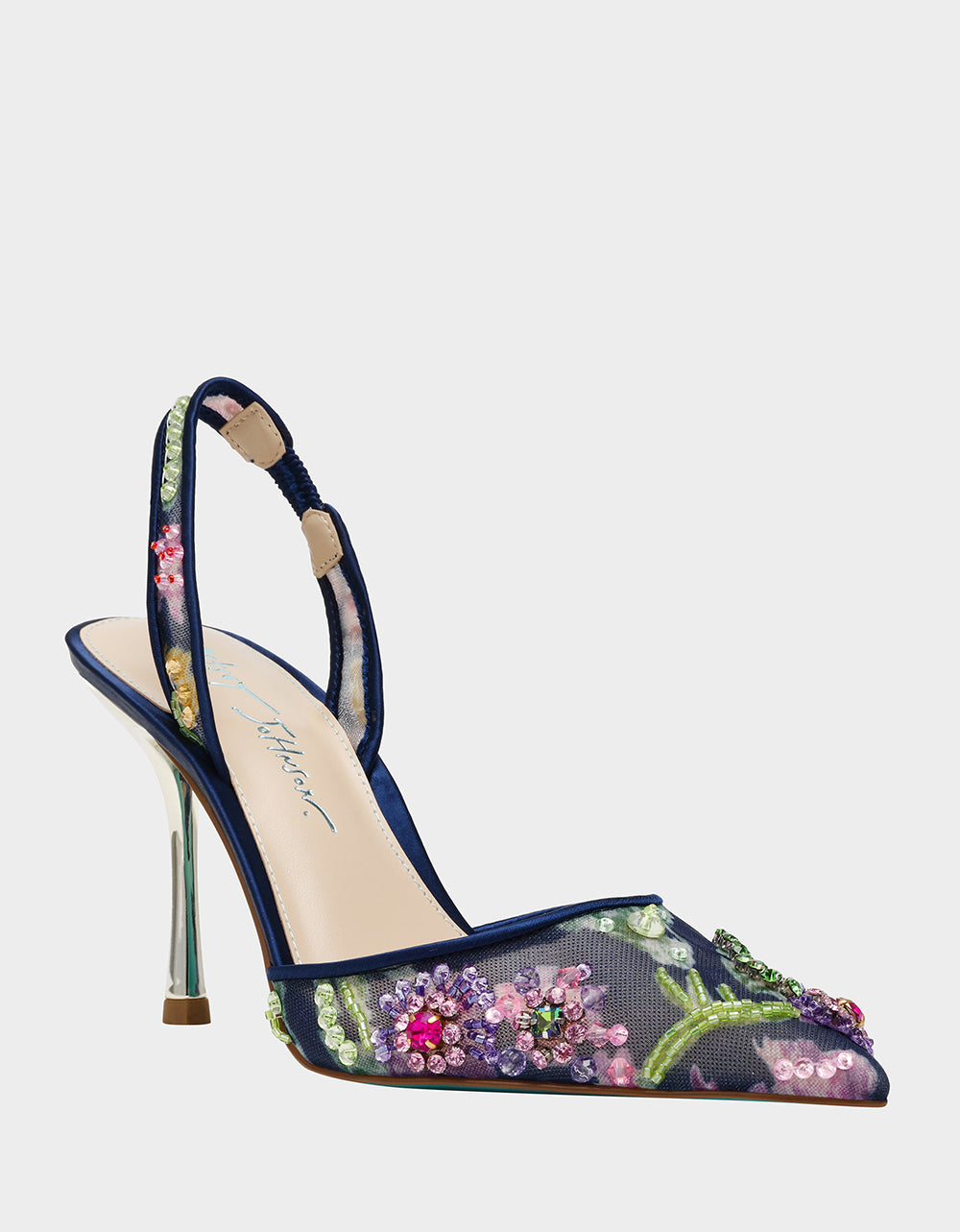 Betsey Johnson Sale | VELMA NAVY MULTI Pointed-Toe Stiletto Pump Mesh Heel