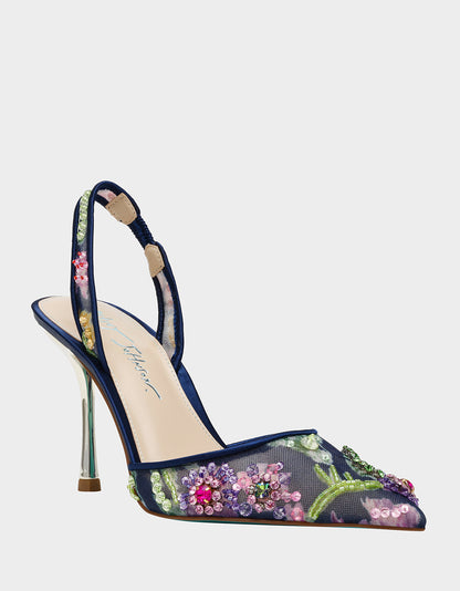 Betsey Johnson Sale | VELMA NAVY MULTI Pointed-Toe Stiletto Pump Mesh Heel