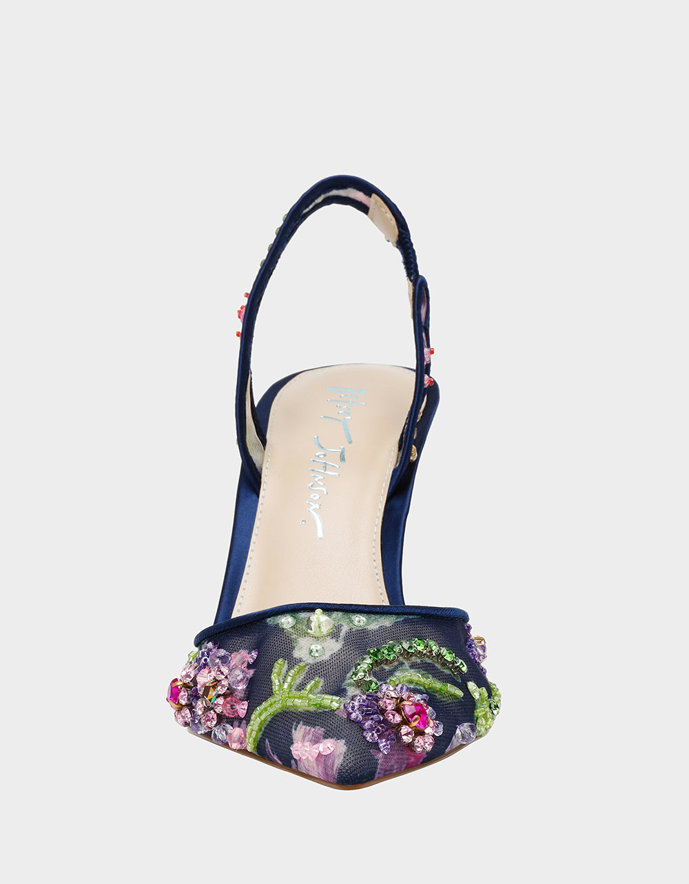 Betsey Johnson Sale | VELMA NAVY MULTI Pointed-Toe Stiletto Pump Mesh Heel