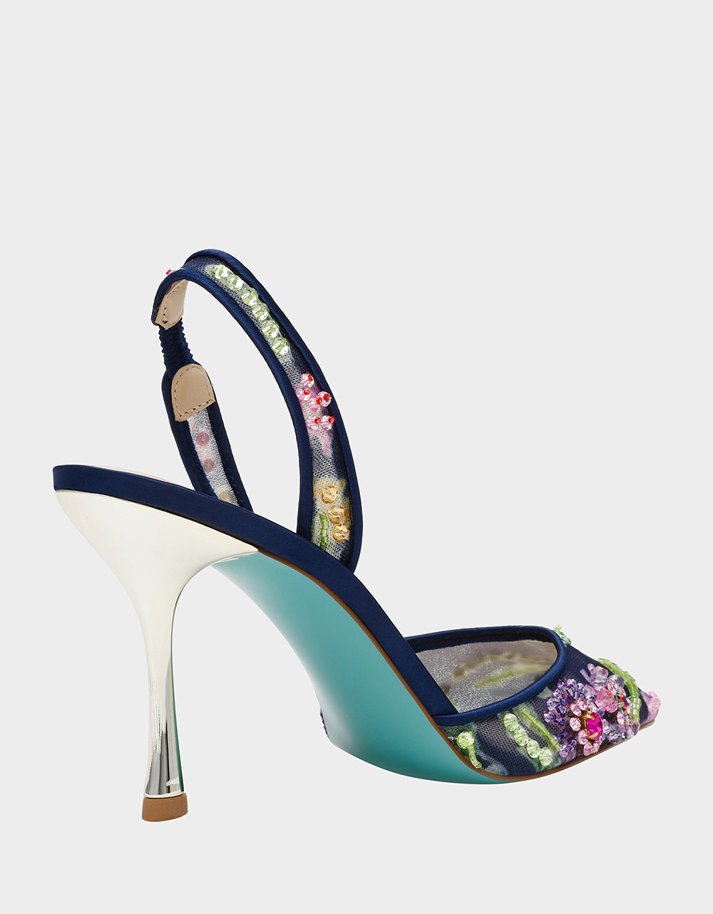Betsey Johnson Sale | VELMA NAVY MULTI Pointed-Toe Stiletto Pump Mesh Heel