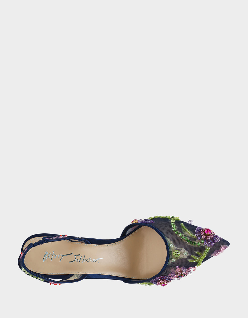 Betsey Johnson Sale | VELMA NAVY MULTI Pointed-Toe Stiletto Pump Mesh Heel
