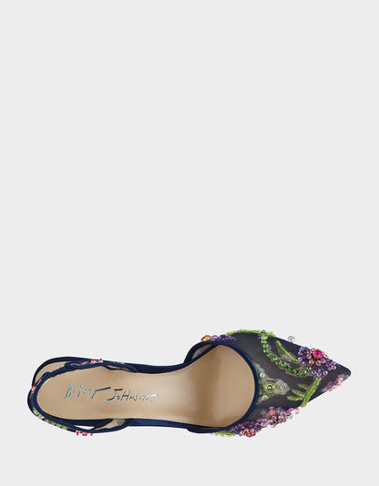 Betsey Johnson Sale | VELMA NAVY MULTI Pointed-Toe Stiletto Pump Mesh Heel