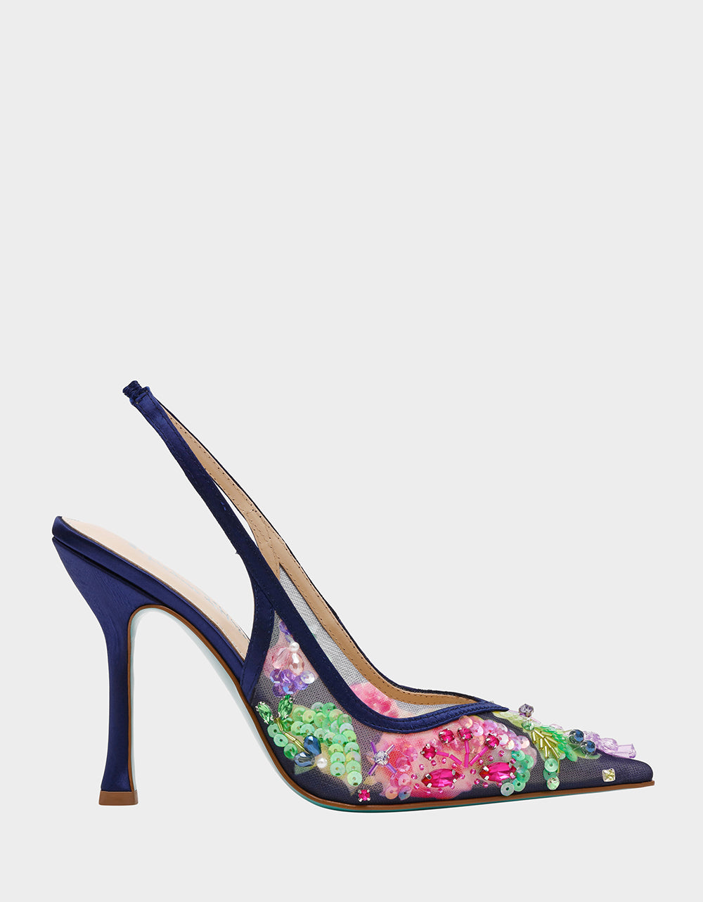 Betsey Johnson New | EDDIE NAVY MULTI Women's Floral Embellished Slingback Mesh High Heel