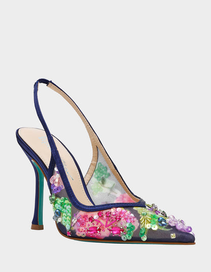 Betsey Johnson New | EDDIE NAVY MULTI Women's Floral Embellished Slingback Mesh High Heel