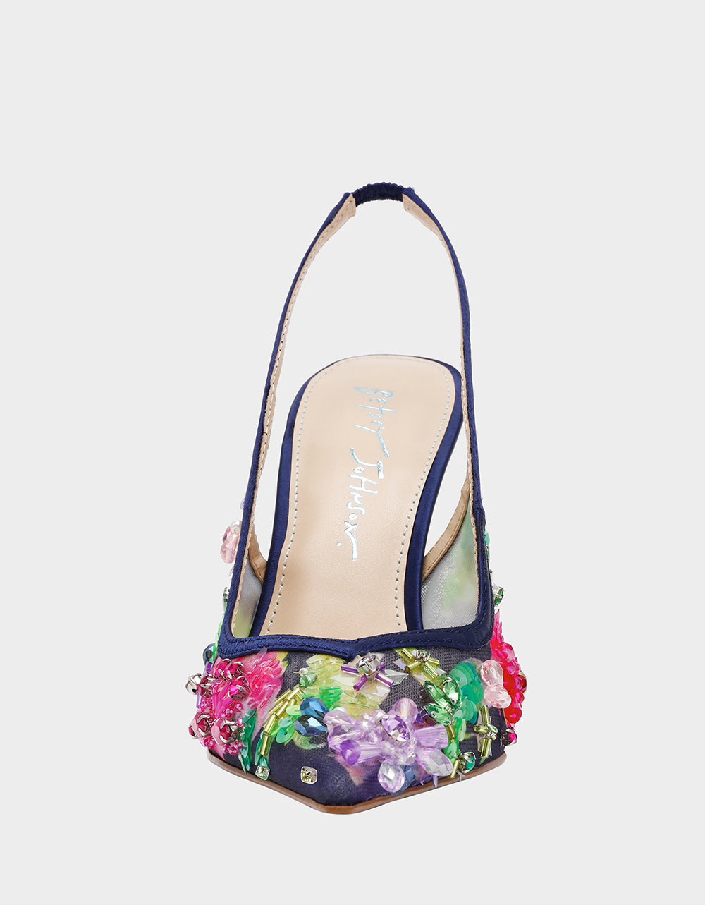 Betsey Johnson New | EDDIE NAVY MULTI Women's Floral Embellished Slingback Mesh High Heel