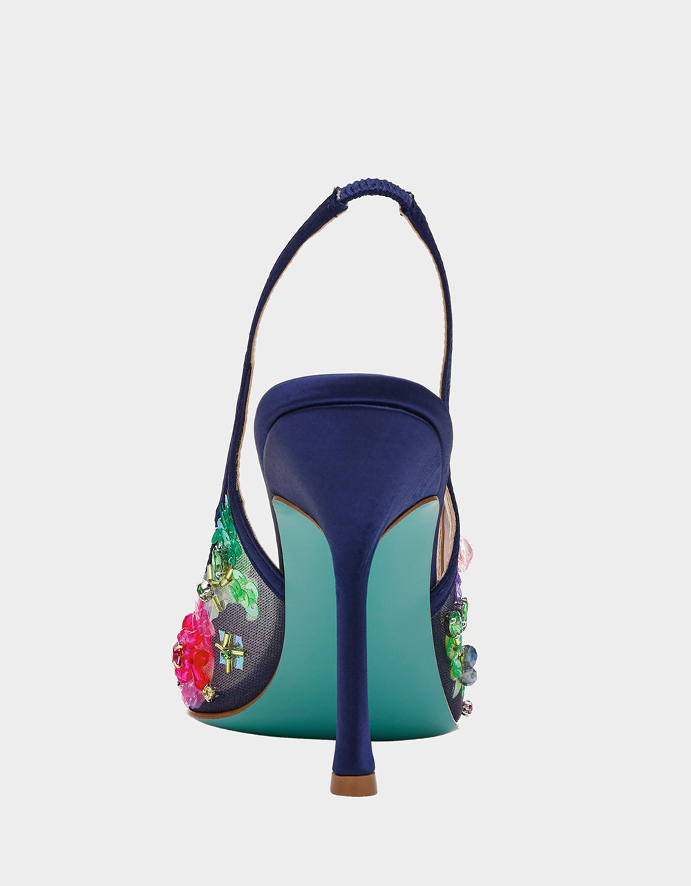 Betsey Johnson New | EDDIE NAVY MULTI Women's Floral Embellished Slingback Mesh High Heel