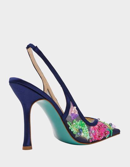 Betsey Johnson New | EDDIE NAVY MULTI Women's Floral Embellished Slingback Mesh High Heel