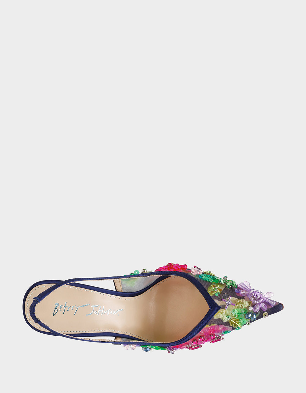 Betsey Johnson New | EDDIE NAVY MULTI Women's Floral Embellished Slingback Mesh High Heel