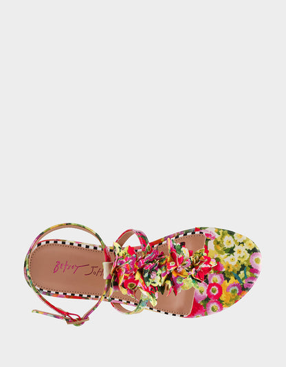 Betsey Johnson New | KENEDY GREENN FLORAL MULTI Women's Flat Pink and Green Floral Sandal