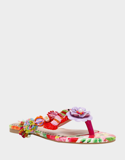 Betsey Johnson Latest | DOLORIS Bright Multi Women's Thong Strappy Flower Embellished Sandal