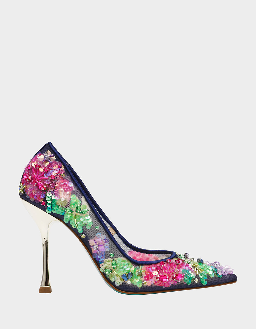 Betsey Johnson New | NETTA NAVY MULTI Women's Floral Embellished Navy Mesh High Heel