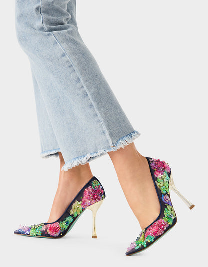 Betsey Johnson New | NETTA NAVY MULTI Women's Floral Embellished Navy Mesh High Heel