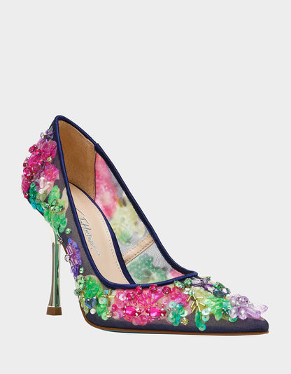 Betsey Johnson New | NETTA NAVY MULTI Women's Floral Embellished Navy Mesh High Heel