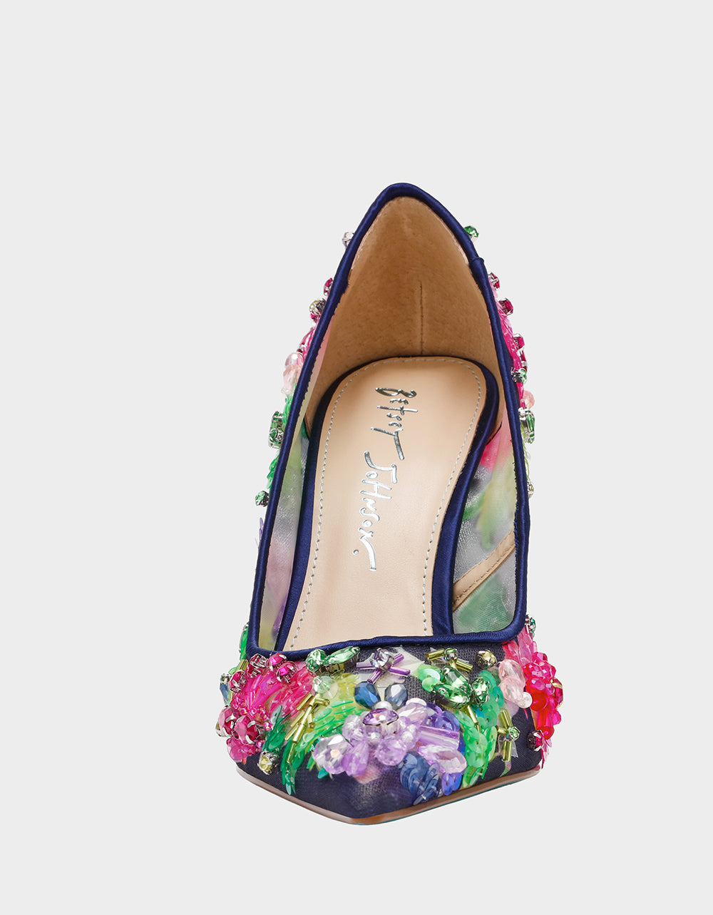 Betsey Johnson New | NETTA NAVY MULTI Women's Floral Embellished Navy Mesh High Heel