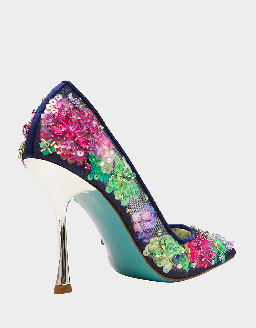 Betsey Johnson New | NETTA NAVY MULTI Women's Floral Embellished Navy Mesh High Heel