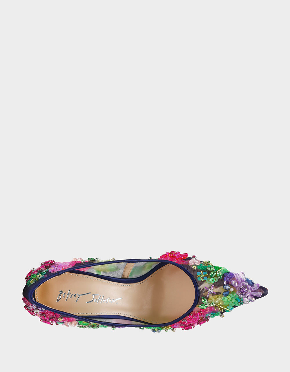 Betsey Johnson New | NETTA NAVY MULTI Women's Floral Embellished Navy Mesh High Heel