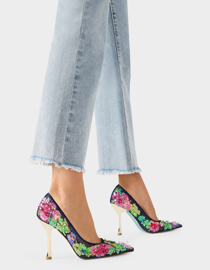 Betsey Johnson New | NETTA NAVY MULTI Women's Floral Embellished Navy Mesh High Heel