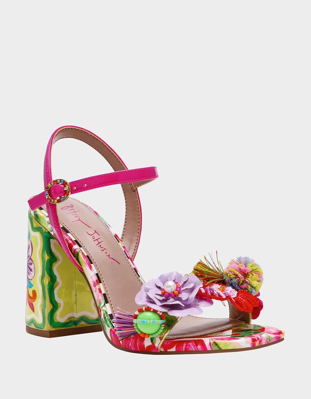Betsey Johnson Smart Buy | MASEN BRIGHT MULTI Women's Square-Toe Block Heel Floral Decal Heel