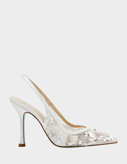 Betsey Johnson Best Seller | EDDIE IVORY Women's Floral Embellished Slingback Mesh High Heel