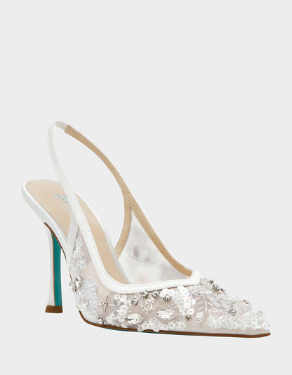 Betsey Johnson Best Seller | EDDIE IVORY Women's Floral Embellished Slingback Mesh High Heel