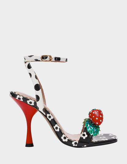 Betsey Johnson Latest | ADDISON Black/White Multi Women's Strappy Square-Toe Heel