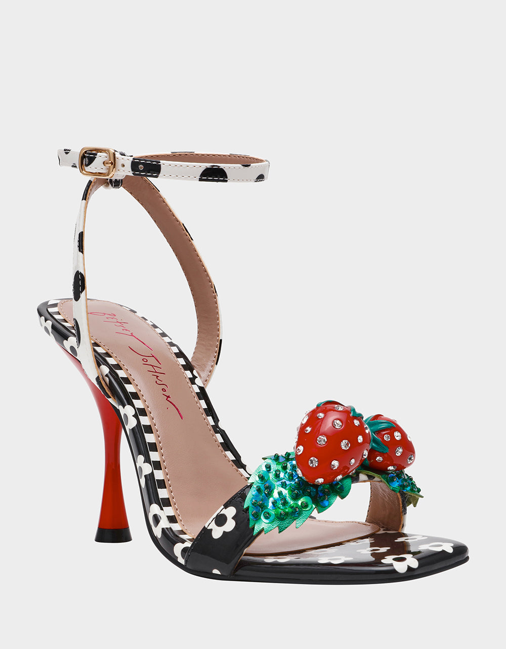 Betsey Johnson Latest | ADDISON Black/White Multi Women's Strappy Square-Toe Heel