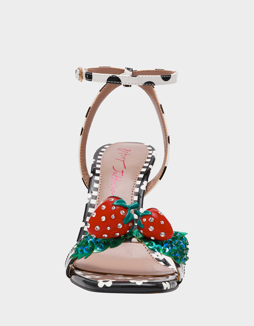 Betsey Johnson Latest | ADDISON Black/White Multi Women's Strappy Square-Toe Heel