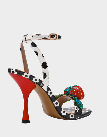 Betsey Johnson Latest | ADDISON Black/White Multi Women's Strappy Square-Toe Heel