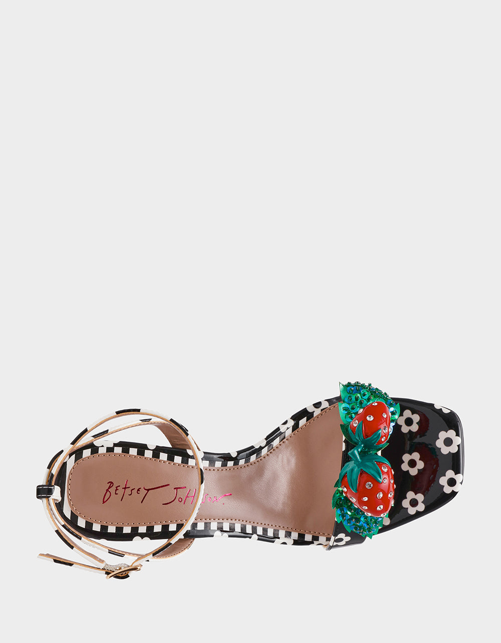 Betsey Johnson Latest | ADDISON Black/White Multi Women's Strappy Square-Toe Heel