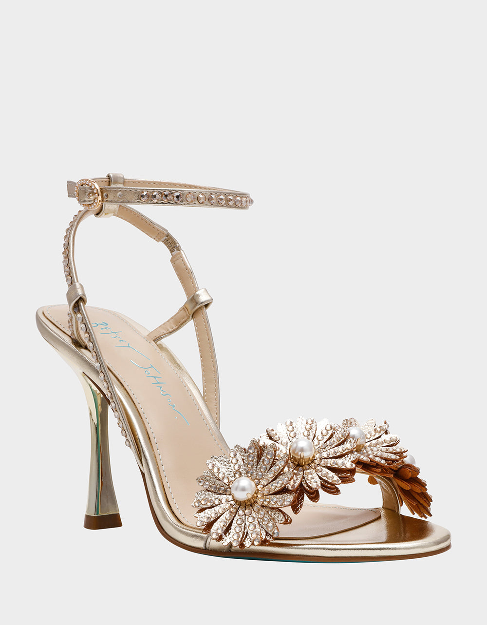 Betsey Johnson Popular | MYLEE GOLD Women's Strappy Open-Toe Floral Rhinestone Embellished Heel