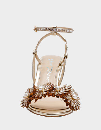 Betsey Johnson Popular | MYLEE GOLD Women's Strappy Open-Toe Floral Rhinestone Embellished Heel