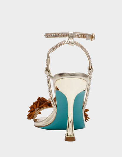 Betsey Johnson Popular | MYLEE GOLD Women's Strappy Open-Toe Floral Rhinestone Embellished Heel