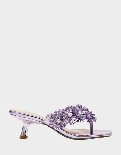 Betsey Johnson Value | LESLI Purple Women's Square-Toe Mule Kitten Heel Rhinestone Embellished Flower Heel