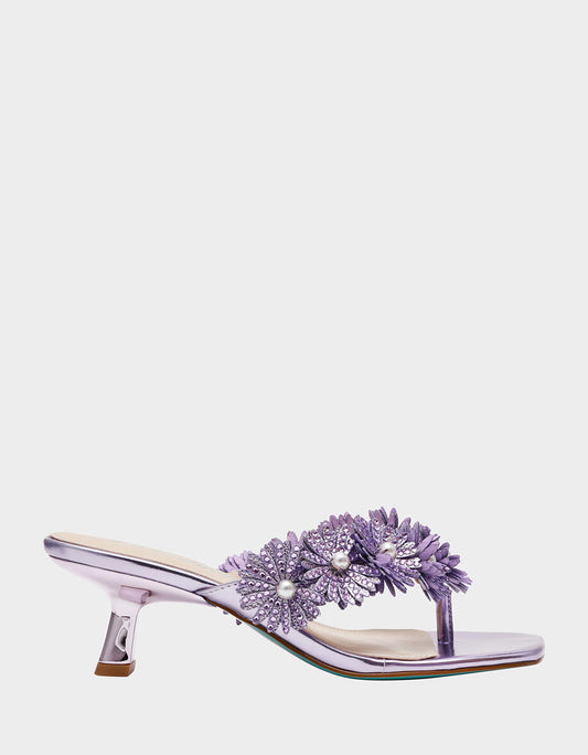 Betsey Johnson Value | LESLI Purple Women's Square-Toe Mule Kitten Heel Rhinestone Embellished Flower Heel