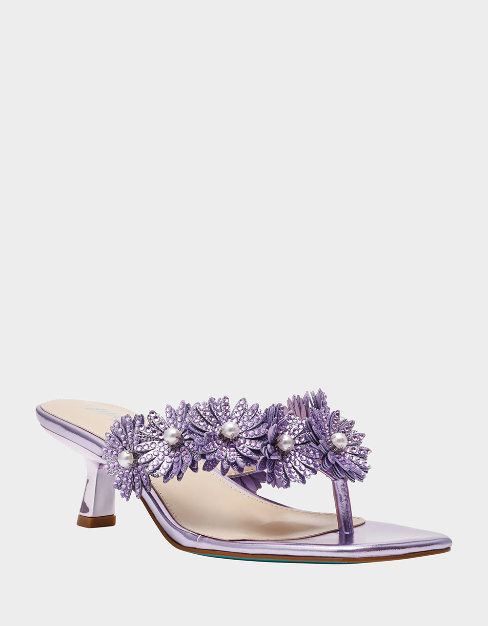 Betsey Johnson Value | LESLI Purple Women's Square-Toe Mule Kitten Heel Rhinestone Embellished Flower Heel