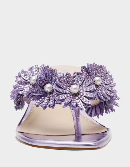 Betsey Johnson Value | LESLI Purple Women's Square-Toe Mule Kitten Heel Rhinestone Embellished Flower Heel
