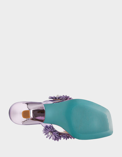 Betsey Johnson Value | LESLI Purple Women's Square-Toe Mule Kitten Heel Rhinestone Embellished Flower Heel