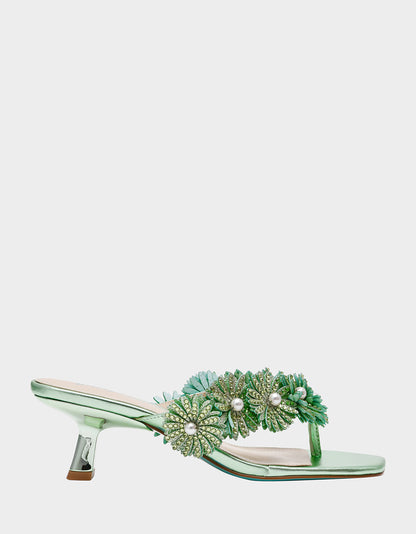 Betsey Johnson Discount | LESLI Mint Women's Square-Toe Mule Kitten Heel Rhinestone Embellished Flower Heel