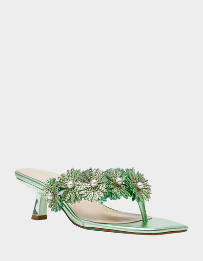 Betsey Johnson Discount | LESLI Mint Women's Square-Toe Mule Kitten Heel Rhinestone Embellished Flower Heel
