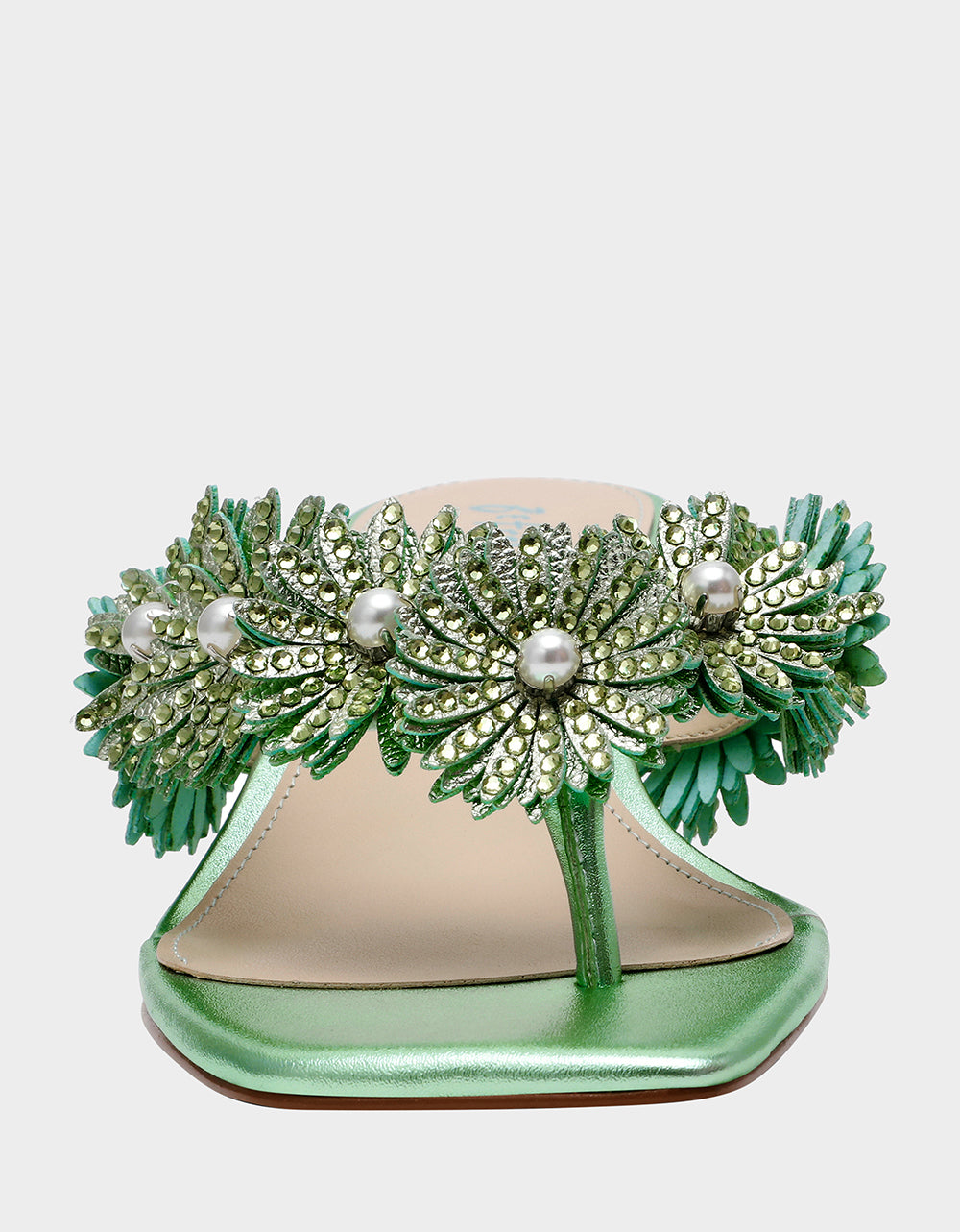 Betsey Johnson Discount | LESLI Mint Women's Square-Toe Mule Kitten Heel Rhinestone Embellished Flower Heel