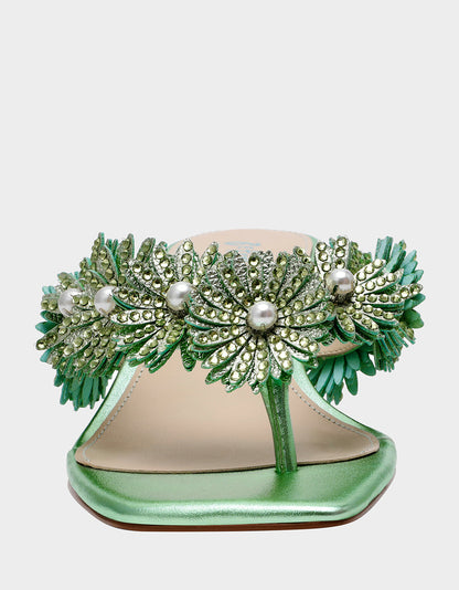 Betsey Johnson Discount | LESLI Mint Women's Square-Toe Mule Kitten Heel Rhinestone Embellished Flower Heel