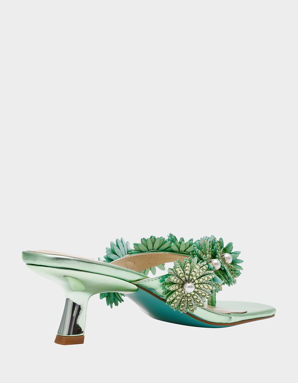 Betsey Johnson Discount | LESLI Mint Women's Square-Toe Mule Kitten Heel Rhinestone Embellished Flower Heel