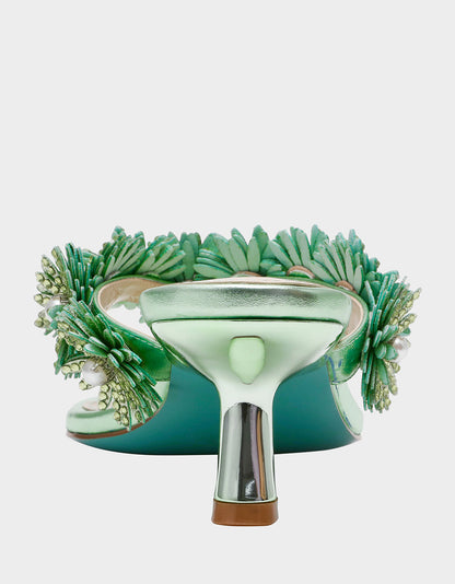 Betsey Johnson Discount | LESLI Mint Women's Square-Toe Mule Kitten Heel Rhinestone Embellished Flower Heel