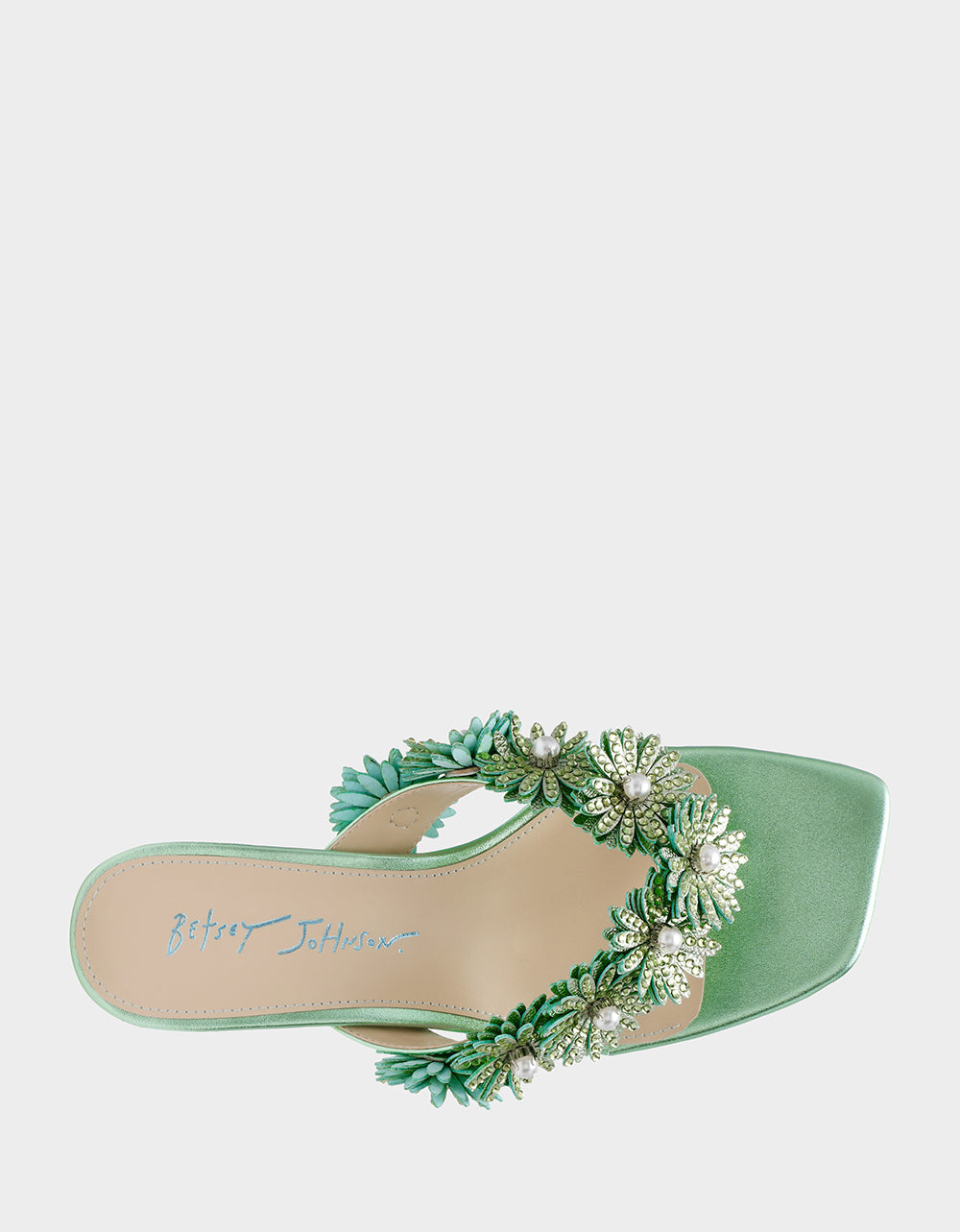 Betsey Johnson Discount | LESLI Mint Women's Square-Toe Mule Kitten Heel Rhinestone Embellished Flower Heel
