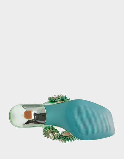 Betsey Johnson Discount | LESLI Mint Women's Square-Toe Mule Kitten Heel Rhinestone Embellished Flower Heel