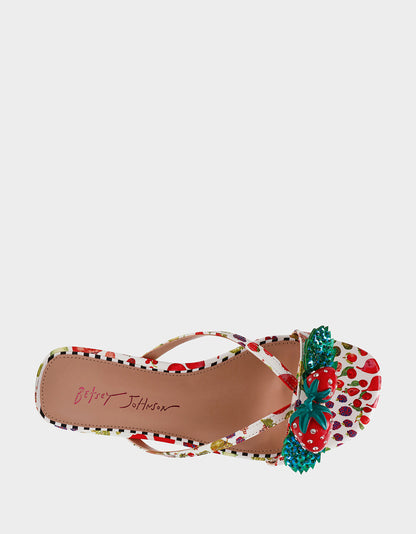 Betsey Johnson Hot Sale | GARRIK WHITE MULTI Women's Thong Strappy Fruit Printed Sandal