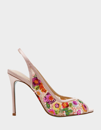 Betsey Johnson Hot Sale | GERRI Nude Floral Embellished Peep-Toe Stiletto Women's Heel