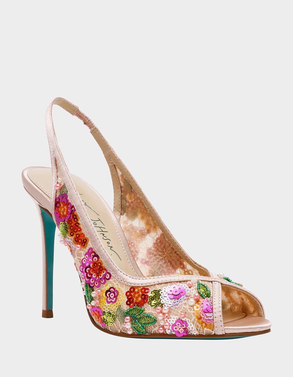 Betsey Johnson Hot Sale | GERRI Nude Floral Embellished Peep-Toe Stiletto Women's Heel