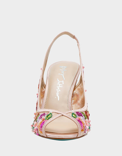 Betsey Johnson Hot Sale | GERRI Nude Floral Embellished Peep-Toe Stiletto Women's Heel