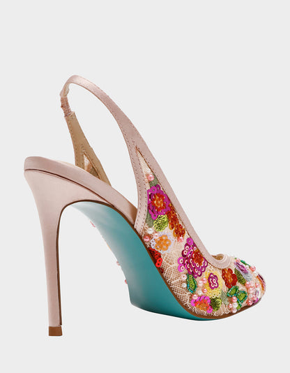 Betsey Johnson Hot Sale | GERRI Nude Floral Embellished Peep-Toe Stiletto Women's Heel